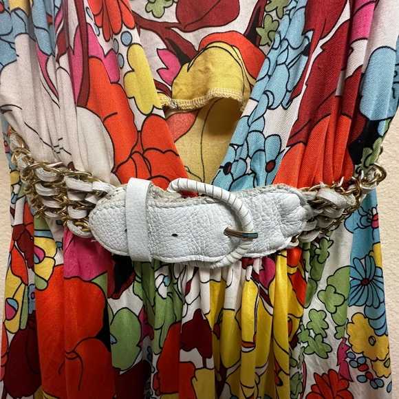 Sky Red and Yellow Vintage Silk Top with Abstract Floral Design - Picture 6 of 7